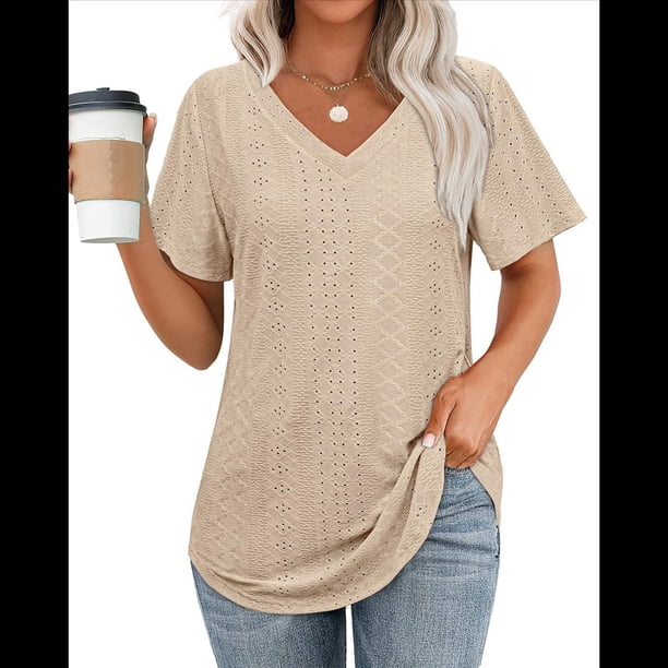 Camisetas de Mujer con Cuello en V, Corta, Informales, Holgadas, Básicas, con Dobladillo Curvo. Albaricoque XXL