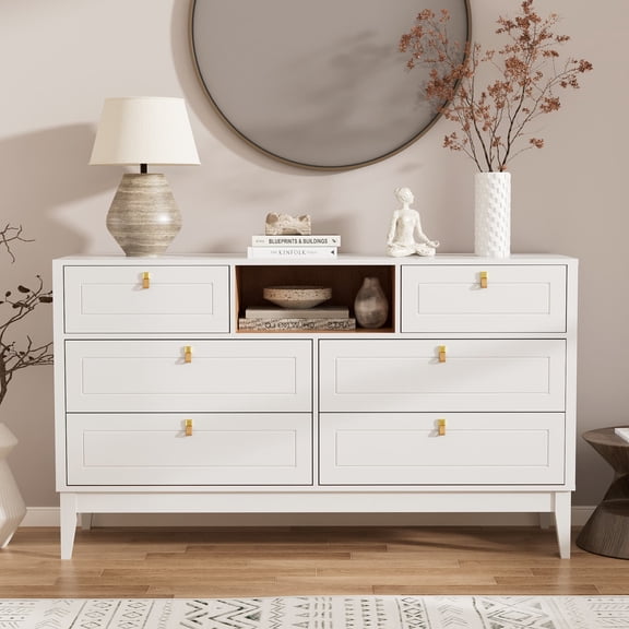 RichYa White Dresser for Bedroom, 6 Drawer Dresser with Open Storage Shelf and Genuine Leather Pull Handles, Modern Chest of Drawers