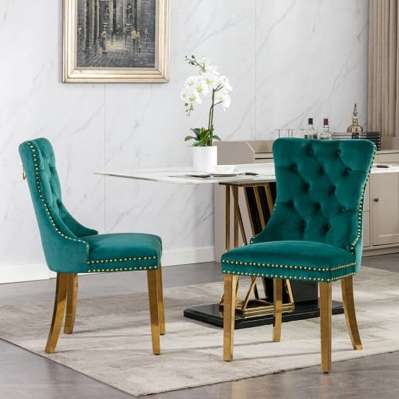 Dtwnek 2 Pack Velvet Dining Chair with Stainless Steel Legs, Green Gold