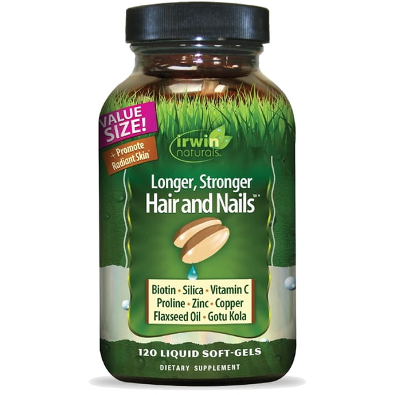 Irwin Naturals Longer, Stronger Hair and Nails - 120 Liquid Softgels - Promotes Vibrant Shine Texture & Strength - 60 Total Servings