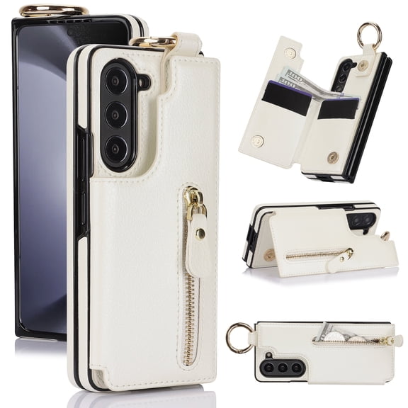 Allytechgroup Galaxy Z Fold6 Case Wallet, RFID Blocking Ring Holder Cards Slots Zipper Pocket Stand Bumper Shockproof Phone Case Cover for Samsung Galaxy Z Fold 6 5G, White