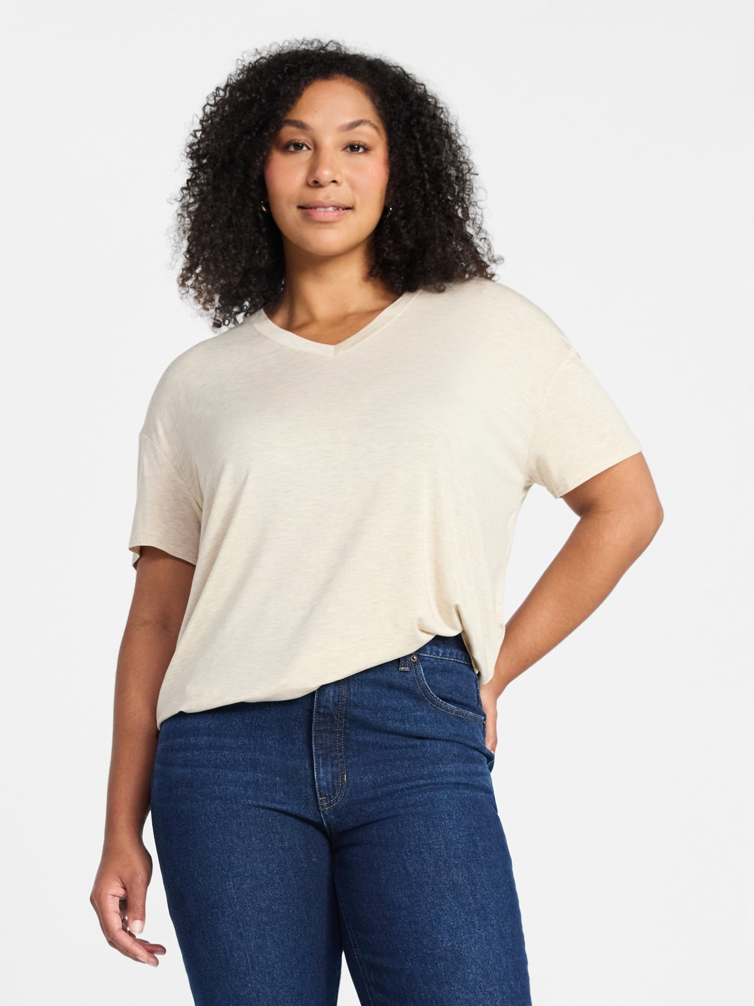 Time and Tru Women's V-Neck Tunic Tee with Short Sleeves, Sizes XS-XXXL