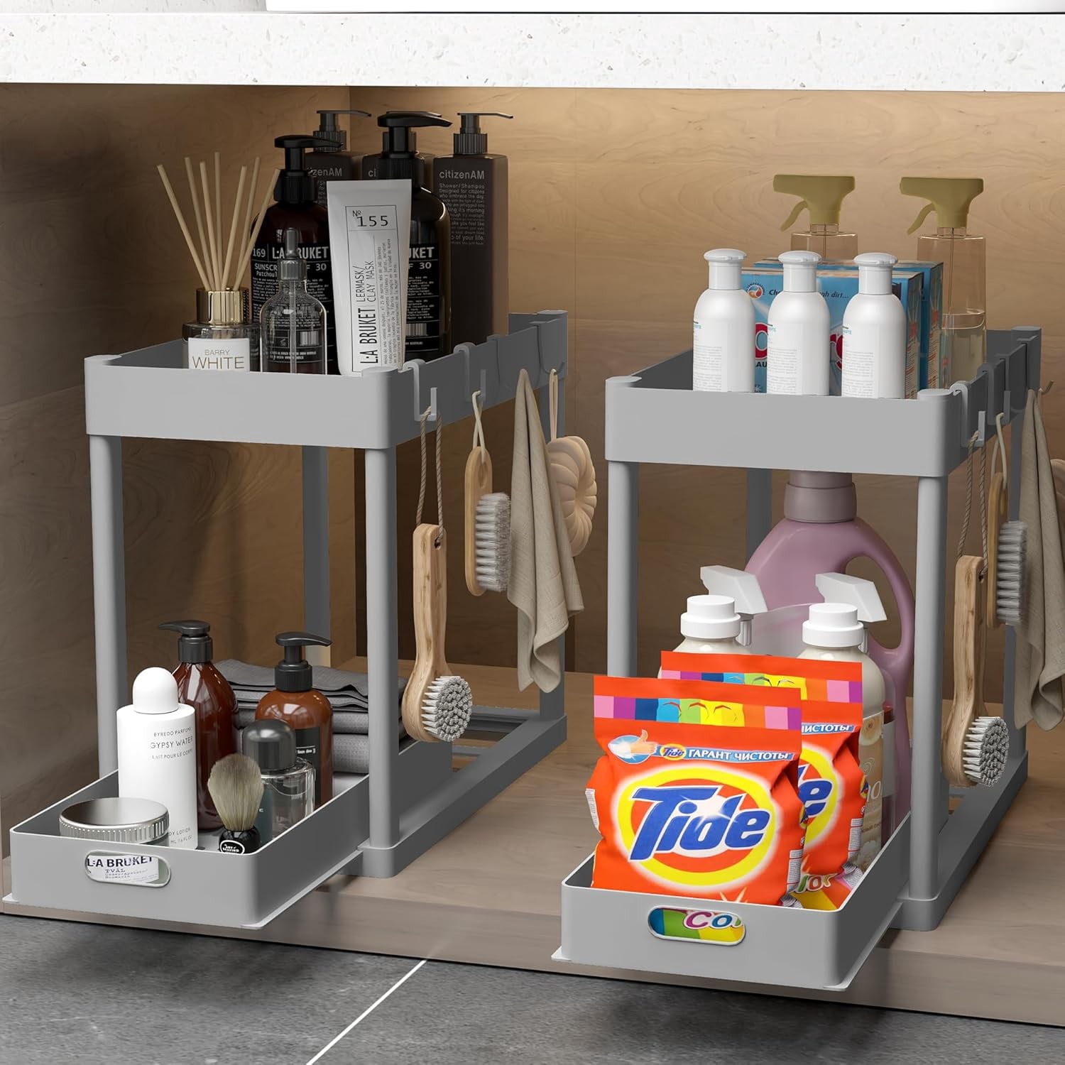 2PC Under Sink Organizer Rack 2 Tier Sliding Cabinet Basket with 4 Hooks - Multi-Purpose Storage for Kitchen Bathroom Desktop