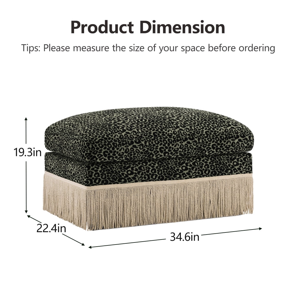 Leopard Print Chenille Ottoman - Green and Black Upholstered Foot Rest Stool for Living Room, Bedroom, Entryway, Modern Accent Furniture