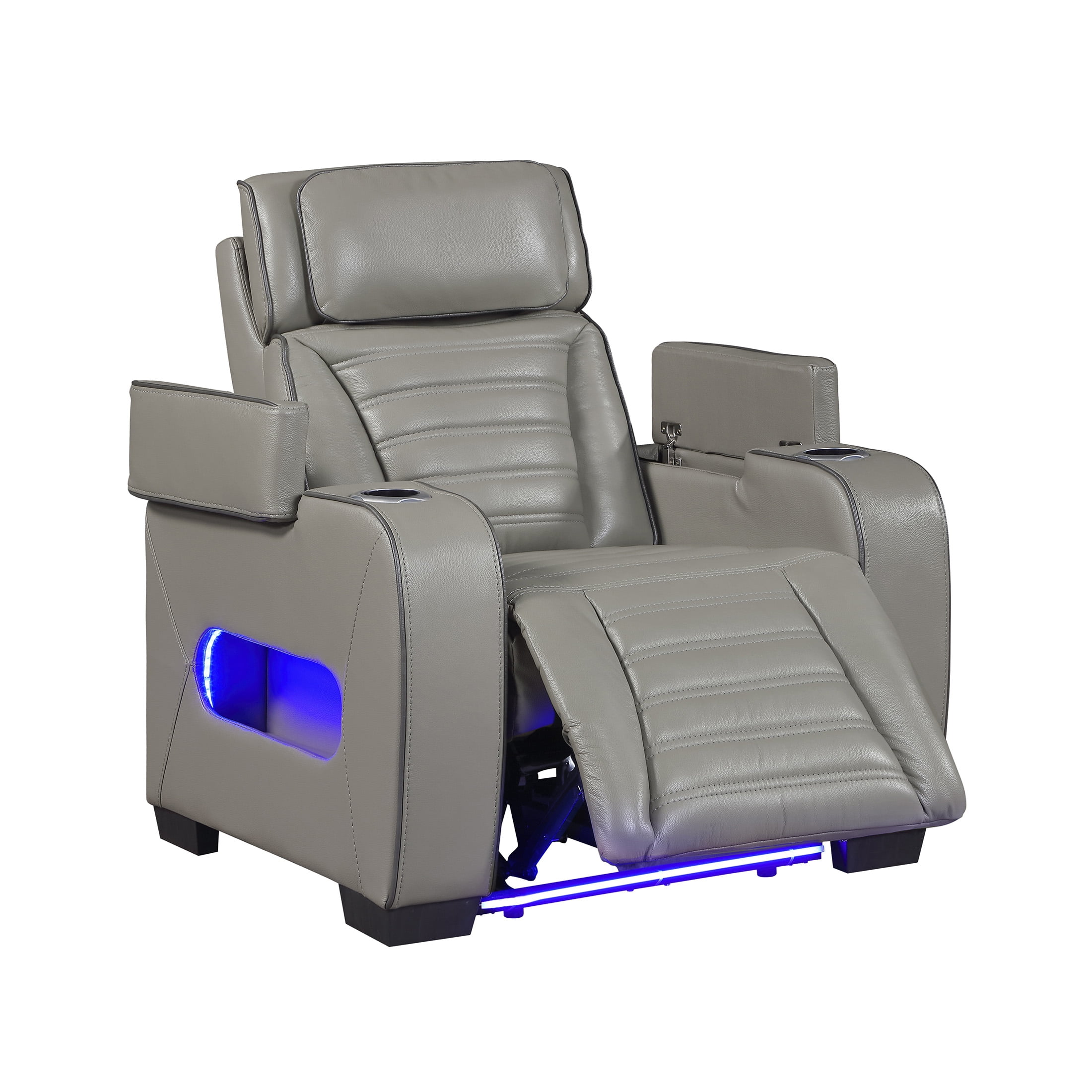 OakvillePark Elantra Leather Match Power Reclining Chair with Power Headrest/Cup holder/Storage Arms/Air Massage/Heat/LED Lighting and Charging Port, Gray
