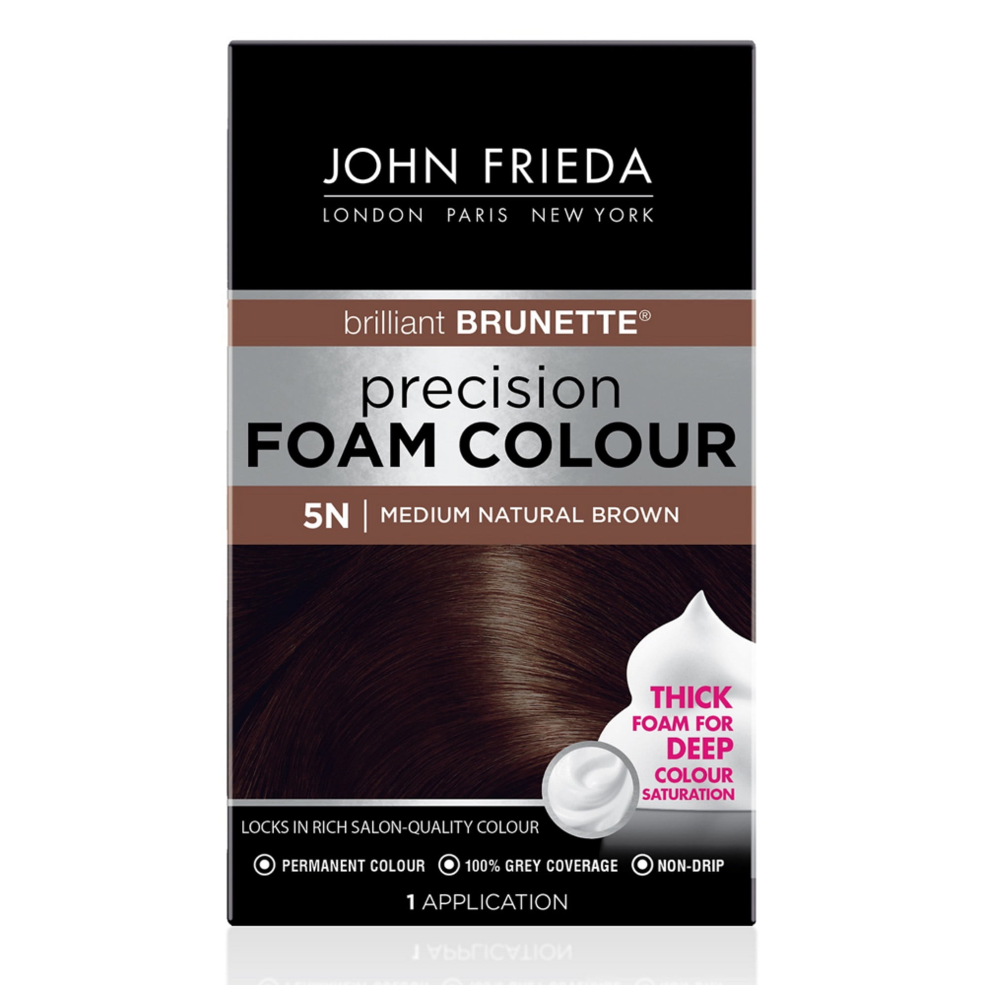 John Frieda Brilliant Brunette Permanent Precision Hair Color Foam, 5N  Medium Natural Brown, 1 Application 