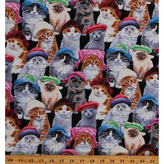 Cotton Cats Kittens Animals Hats Winter Multicolor Cotton Fabric Print by the Yard (3805BLACK)