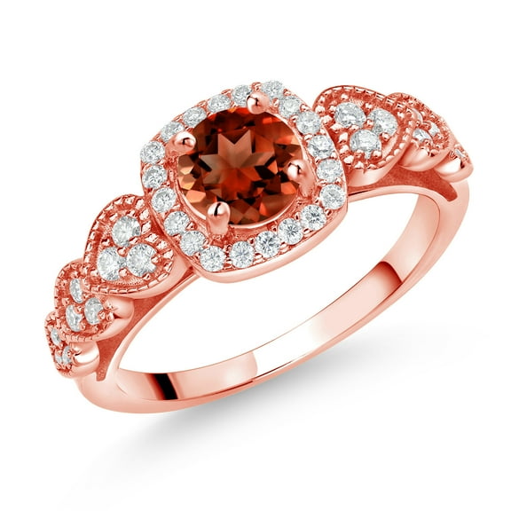 Gem Stone King 18K Rose Gold Plated Silver Red Garnet and White Moissanite Engagement Ring for Women (1.38 Cttw, Round 6MM, Gemstone January Birthstone, Size 6)