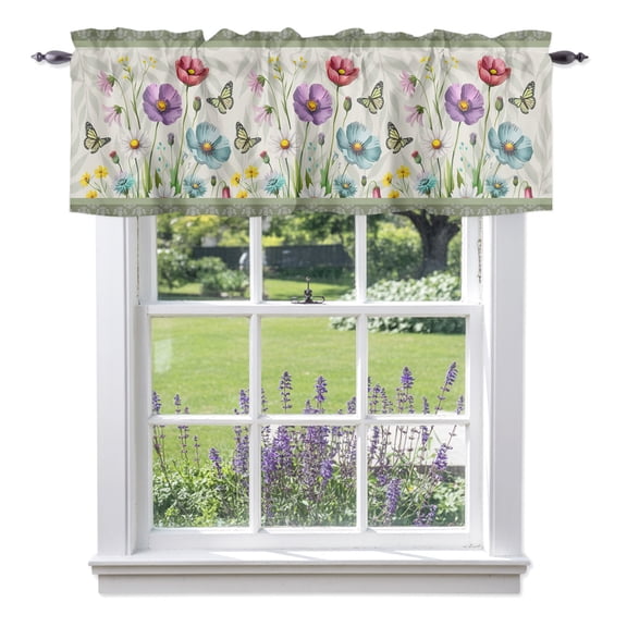 Spring Florals Valances for Windows, Daisy Wildflowers Butterfly Leaf Green Border Valance Window Treatment Rod Pocket Short Curtains Valances for Kitchen Bathroom 42"W x 12"L