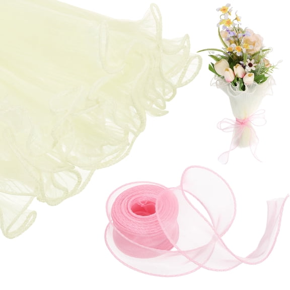 4 Yards Flower Wrapping Mesh Paper Bouquet Floral Packaging Paper with Organza Ribbon for Valentine's Day Wedding Birthday Florist Supplies, Beige/Light Pink