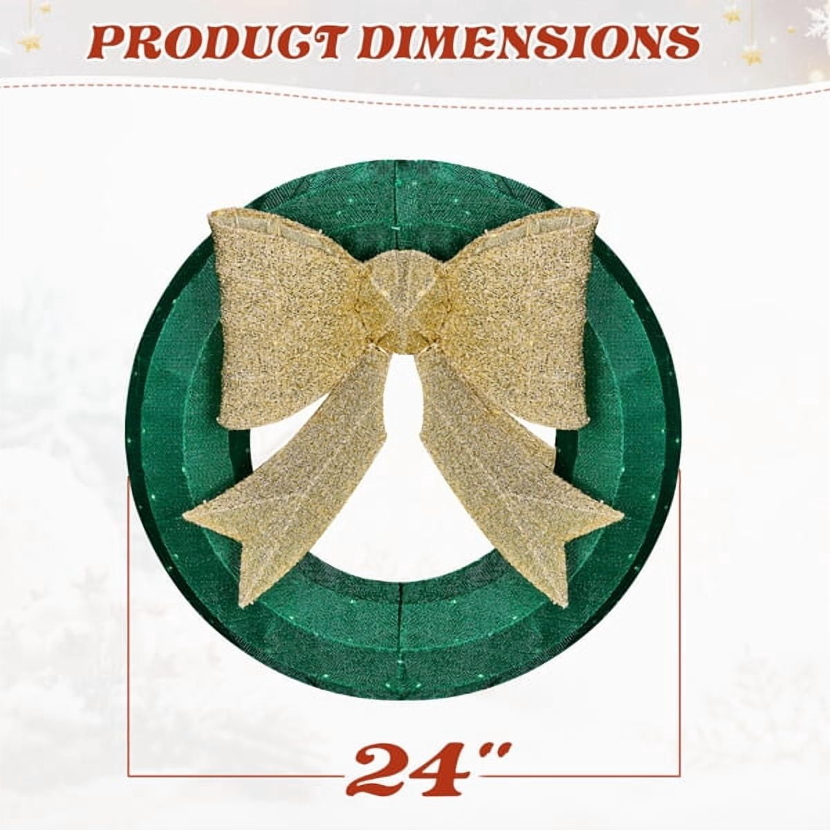 Alvantor 24 in Pre-Lit Christmas Wreath with 200 Green and Warm White LED Lights, Golden Bow and Weather-Resistant Metal Frame