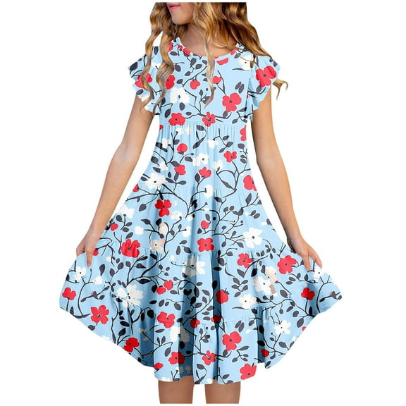 Riecok Summer Dress for 6 - 15 Year - Old Girls: Short - Sleeved Round - Neck, Easter Print, Waist - Tightening, Pocketed and Tiered Multicolor 8-9 Years