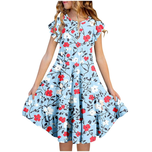 Zpanxa Robes Florales pour Filles Été Manches Courtes Manches Volantées Col Rond Imprimé de Fleurs Taille Poche Robe Superposée Polyester Spandex Multicolore 8-9 Ans