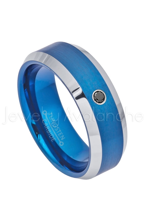 2-Tone Beveled Blue IP Tungsten Ring - 0.07ct Solitaire Black Diamond Ring - Personalized Tungsten Wedding Ring - Custom Made April Birthstone Ring TN692BS
