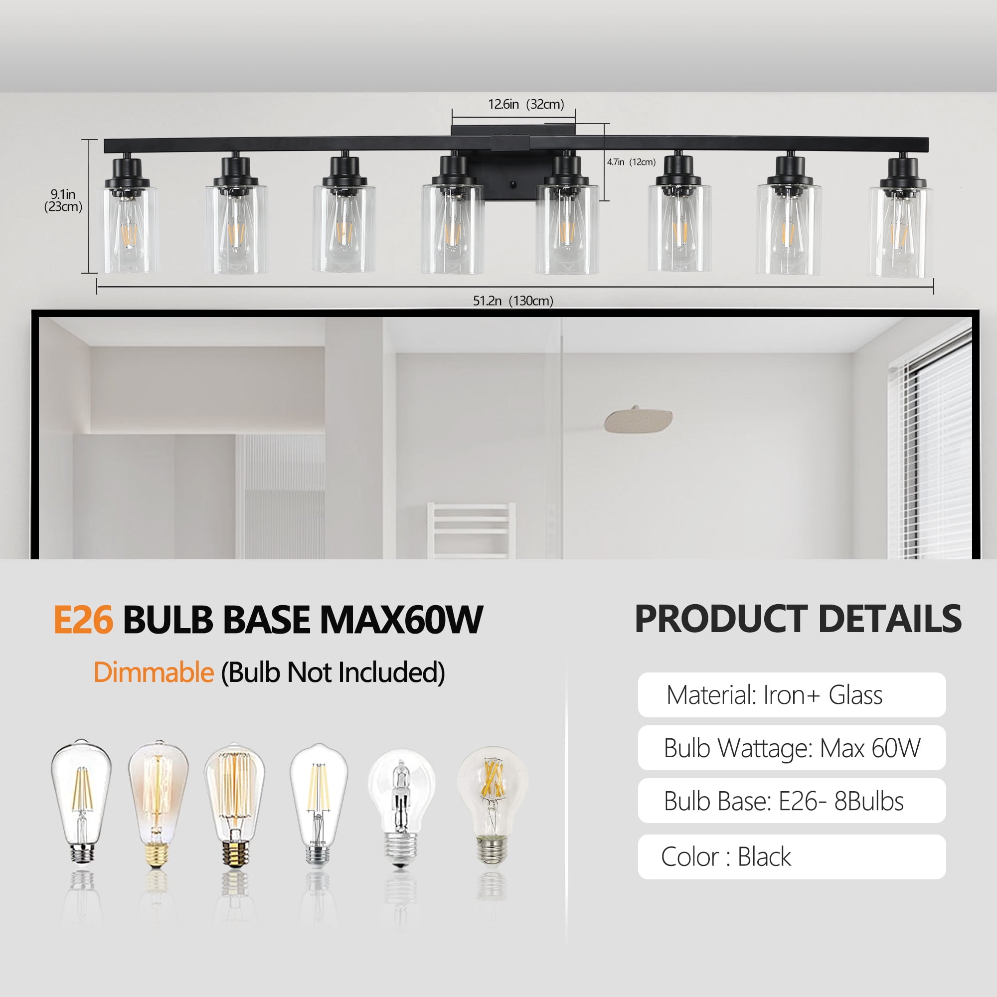 Miniyam 8-Light Black Bathroom Vanity Light, Industrial Farmhouse Wall Fixture with Clear Glass Shades