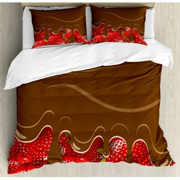 Kitchen Art Wall Decor King Size Duvet Cover Set, Strawberries Melted Chocolate Confectionery Fruit Sweet Delicacies, Decorative 3 Piece Bedding Set with 2 Pillow Shams, Brown Red, by Ambesonne