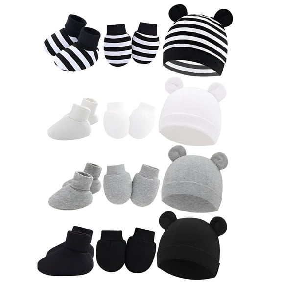 TELOLY 4 Pack Newborn Baby Hats And Mittens Set With Socks, Soft Cotton Infant Caps And Scratch Resistant Gloves For Boys Girls, 0-6 Months