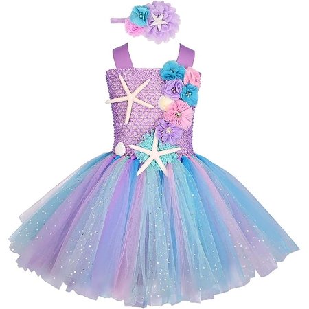 Quenny mermaid Ariel princess dresses with headband, girl' flowers starfish tutu dresses. Mermaid dress, XXX-Large(9-10Y)