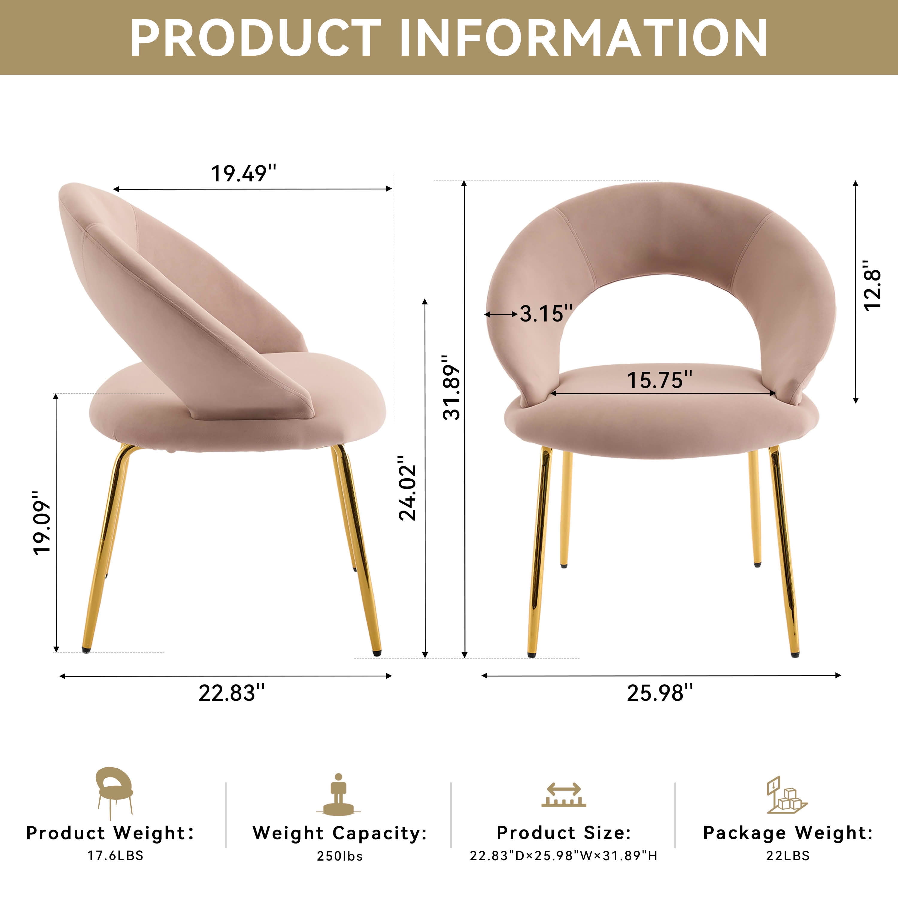 MAYEERTY Set of 1 Velvet Fabric Dining Chair, Curved Backrest & Golden Metal Legs, for Kitchen & Dining Room, Pink