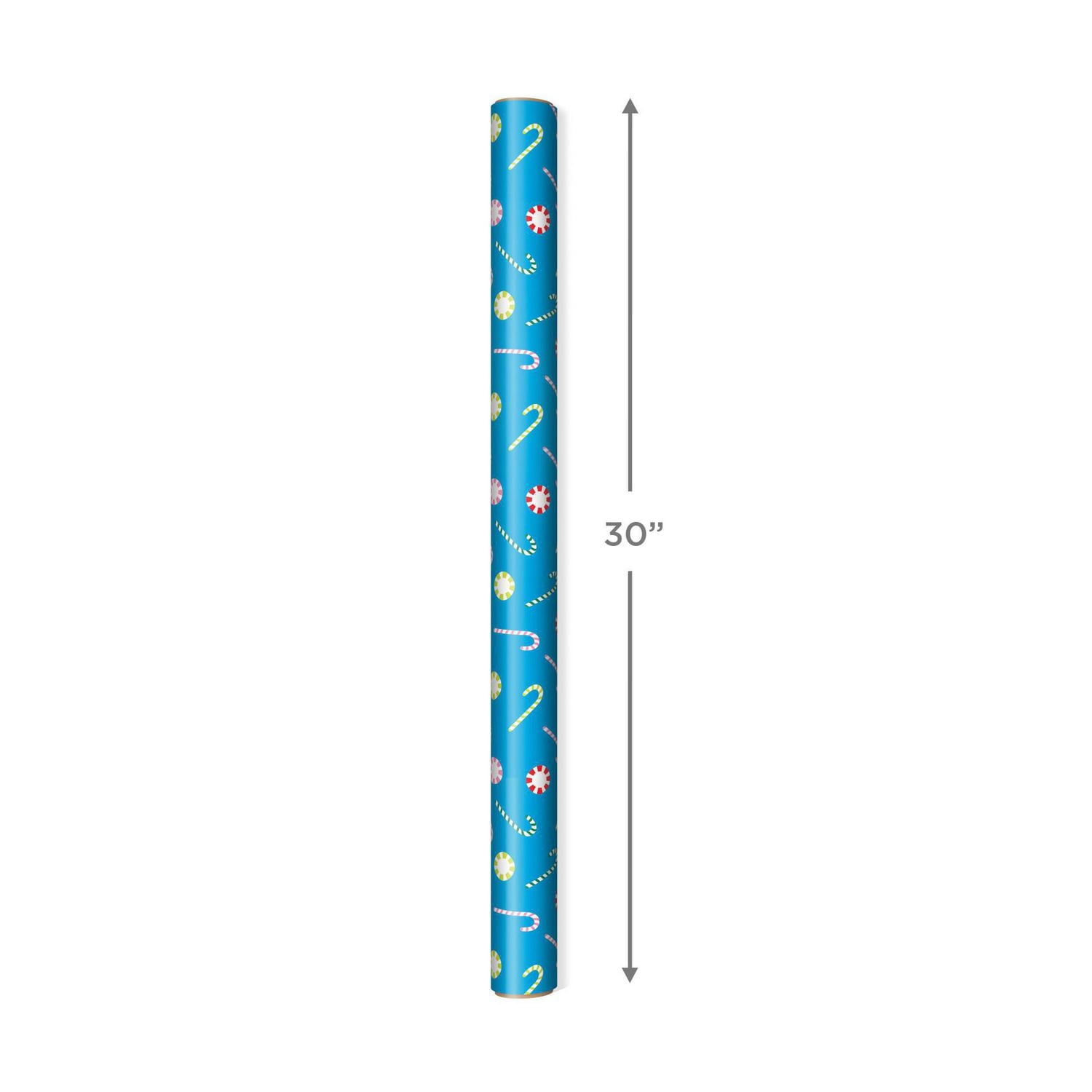 Rouleau de papier d'emballage de Noël réversible de 30 po et de 269 pieds carrés avec cannes de bonbon sur fond bleu et pois sur fond rouge de Hallmark