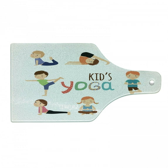 Yoga Cutting Board, in Different Poses Fun Humor Gymnastics for and Healthy Lifestyle Theme, Decorative Tempered Glass Cutting and Serving Board, Wine Bottle Shape, Multicolor, by Ambesonne