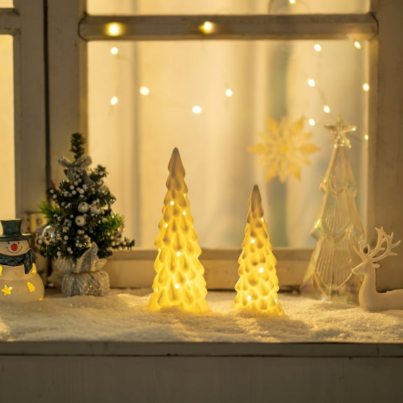 Sziqiqi Ceramic Christmas Tree Set of 2: Battery Operated LED Tabletop Trees Flameless Safe Decor for Mantle Centerpiece White Xmas Village Decor Gift for Women Family Modern Holiday