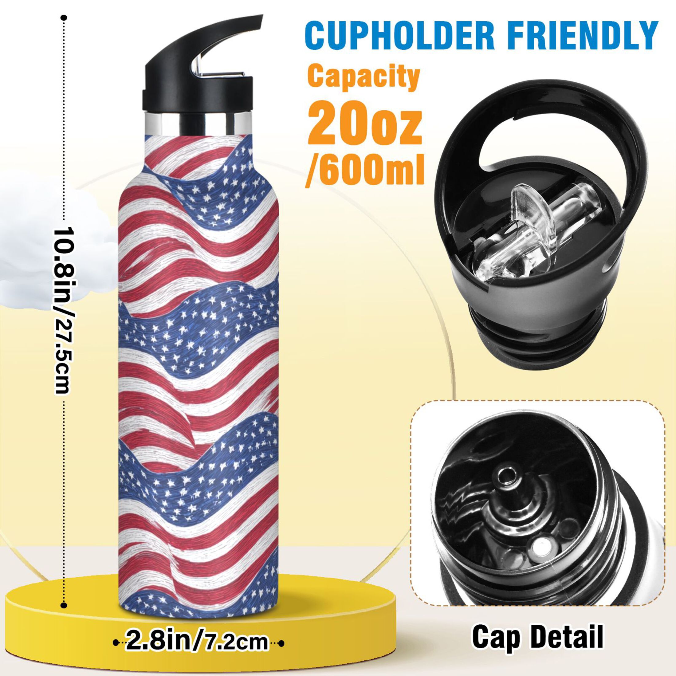 Kids Insulated Stainless Steel Sports Water Bottle 600ml (20oz) Flags Wave Pattern