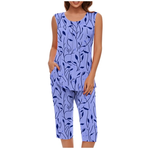 Conjunto de Verano para las Mujeres Impreso Casual sin Mangas Plisado Superior Y Pantalones Recortados, Cuello Redondo Conjunto de Dos Piezas