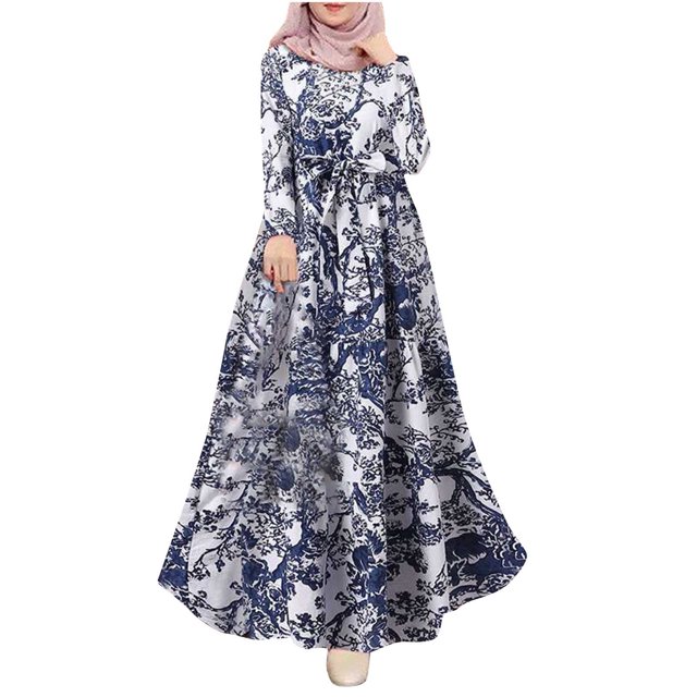 Vestidos Para Mujer Vestidos Casuales Algodón Lino Estampado Musulmán Primavera Otoño Vestido Manga Larga Floral Botón Túnica Odeerbi ODB136332