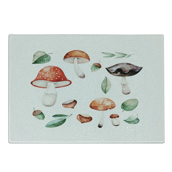Autumn Cutting Board, Fall Season Mushrooms Chestnuts with Hand Drawn Foliage Leaves Watercolor Design, Decorative Tempered Glass Cutting and Serving Board, Small Size, Multicolor, by Ambesonne