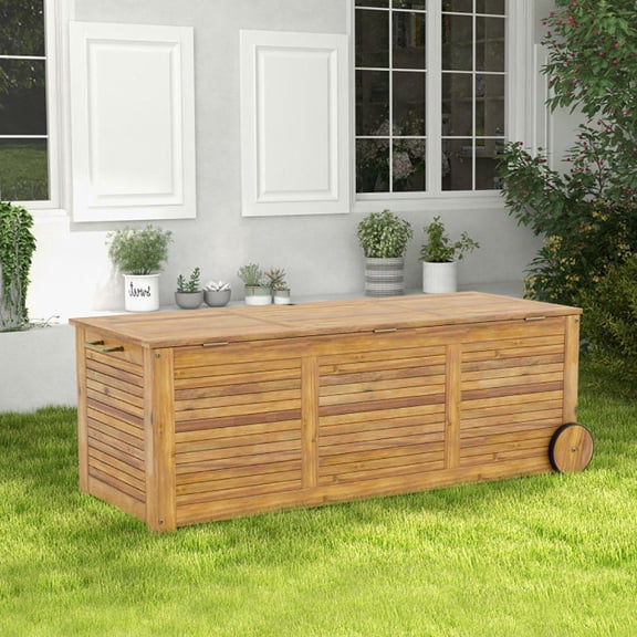 Outdoor Rolling Wooden Deck Box with 2 Wheels and Side Handle