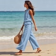 thumbnail image 5 of Linen Sets for Women 2 piece Sleeveless Ruffle Top Wide Leg Pants Matching Set Summer Beach Vacation Outfits,Sky Blue,XL, 5 of 7