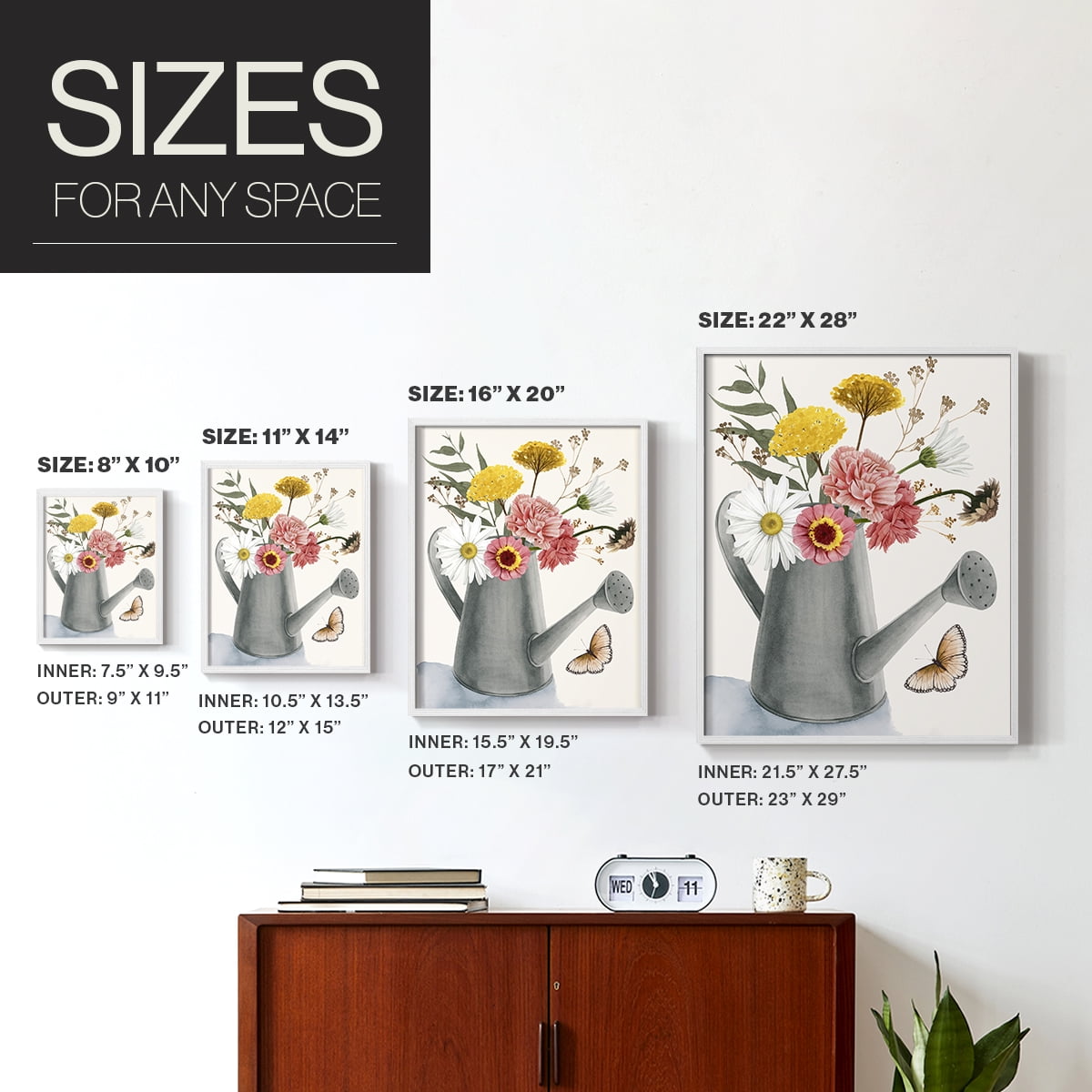 Watering Can Bouquet II Framed Print in White Solid Wood 8 x 10 Framed Print