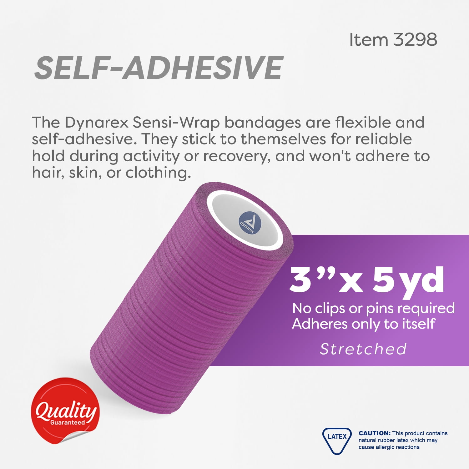 Dynarex Sensi-Wrap Self-Adhesive Bandages, 24-Pack, 3" x 5 yards, Purple, Latex, Colored Elastic Cohesive Athletic Tape, Tattoo Grip & Vet Wrap