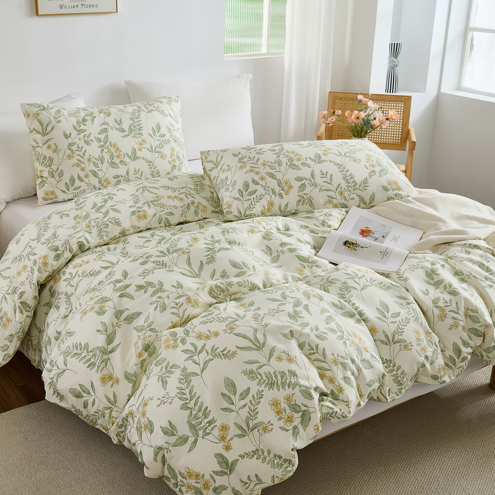 100% Nature Cotton Duvet Cover Vintage Reversible Green and Yellow Floral Garden Style Comforter Cover with Zipper Closure, 3 Pieces Soft & Breathable Green Bedding Set