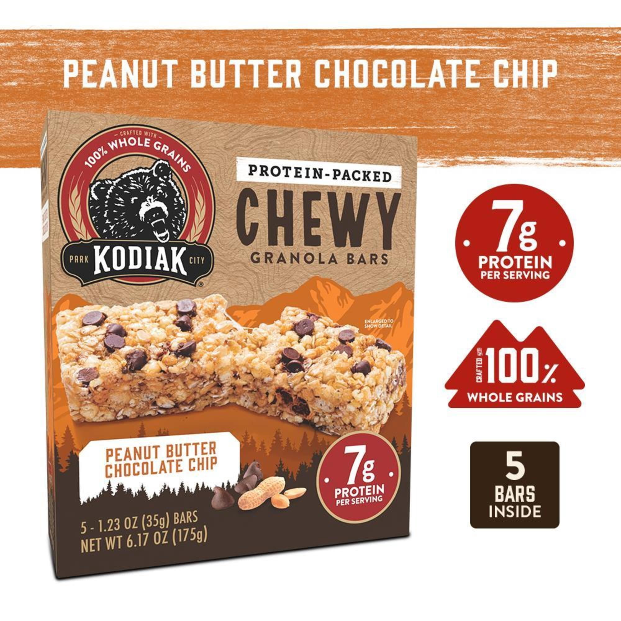 (3 pack) Kodiak Protein Packed Peanut Butter Chocolate Chip Chewy Granola Bar, 1.23 oz, 5 Count Cardboard Box