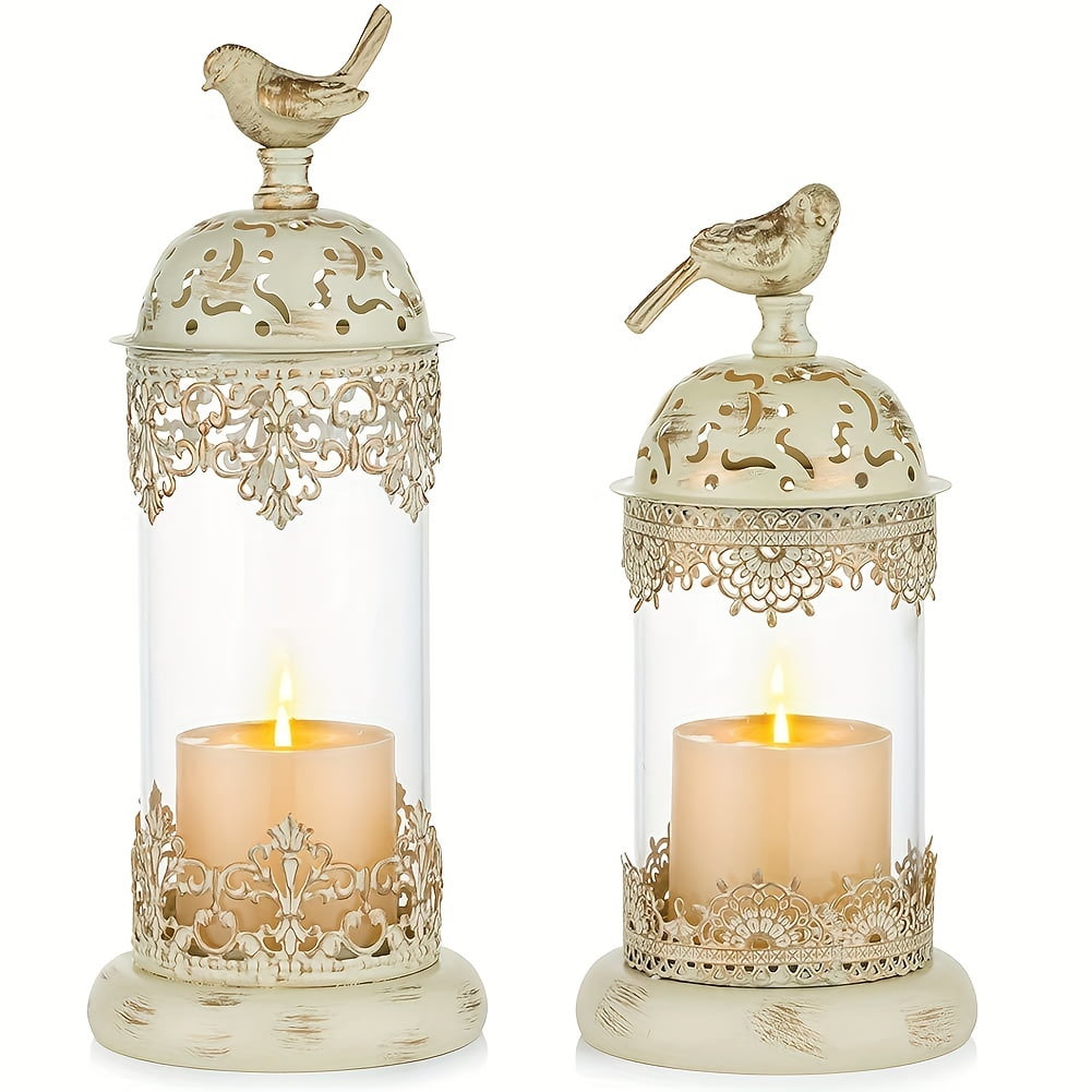 2pcs/Set Vintage Decorative Candle Holder Moroccan Wrought Iron Hurricane Candle Holder Beige Ornate Centerpiece for Home Decor Candlestick Holders for Table Living Room Balcony Garden Wedding