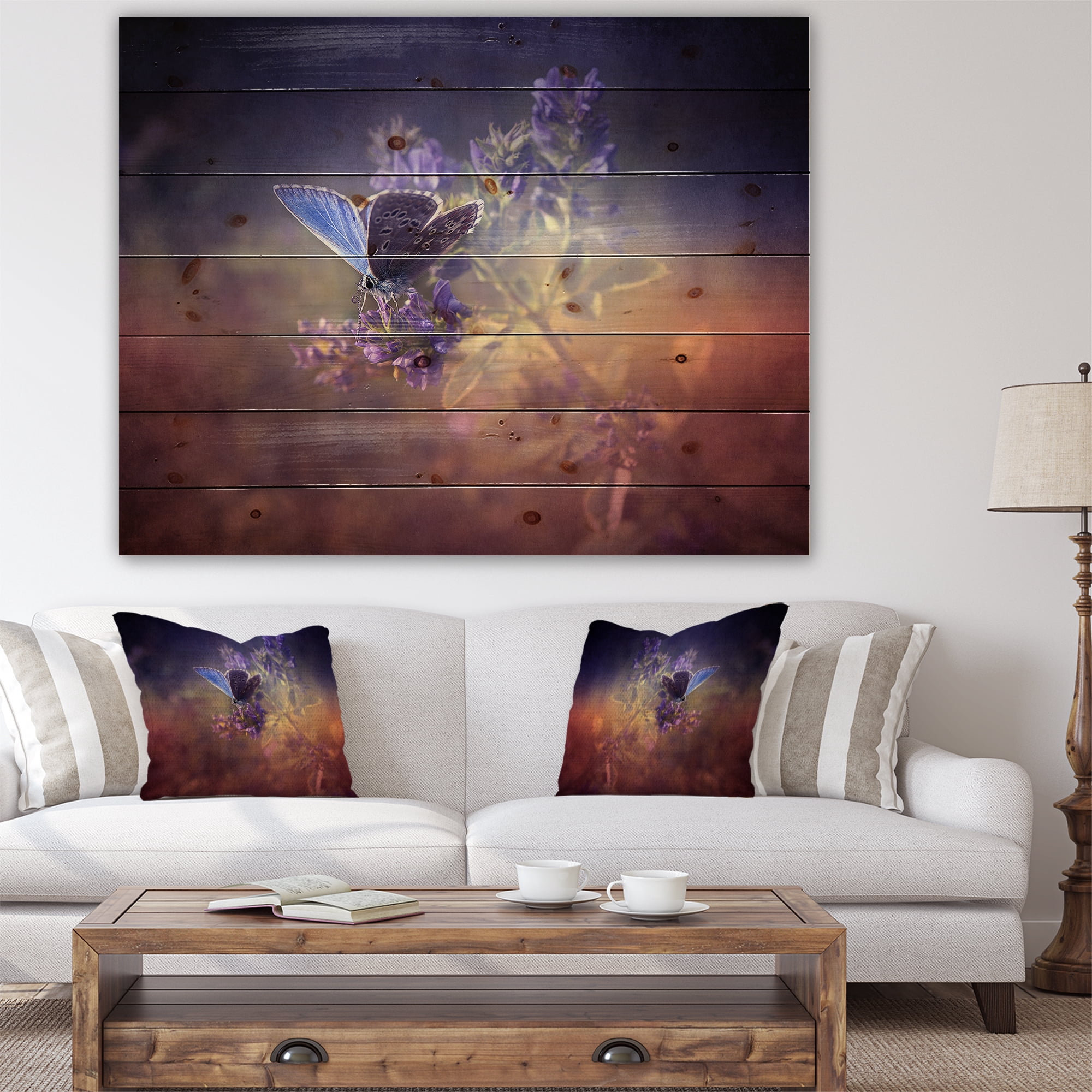 Designart 'Vintage Butterfly' Floral Art Print on Natural Pine Wood