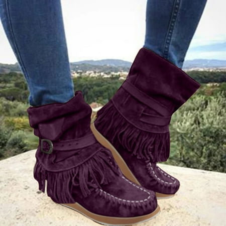 

Aayomet Boots For Women，Womens Cowboy Boots Women s Tassel Fashion Suede Retro Fashion Boots Belt Ankle Black Cowboy Boots For Women