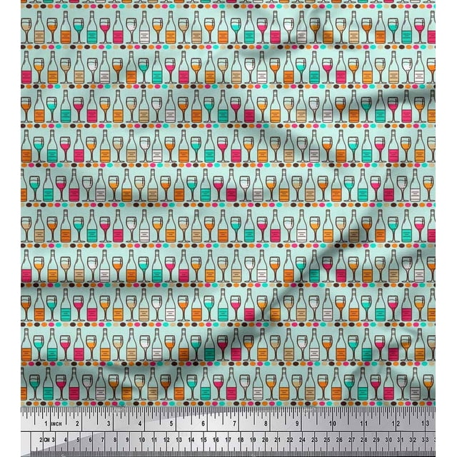 Soimoi Polyester Crepe Fabric Bottle & Wine Glass Bar Print Fabric by The Yard 52 Inch Wide