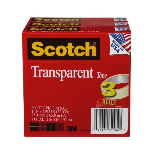 Scotch Transparent Tape, Clear Tape Engineered for Office and Home Use, 3 Inche Core, 1 in x 2592 in, 3 Rolls