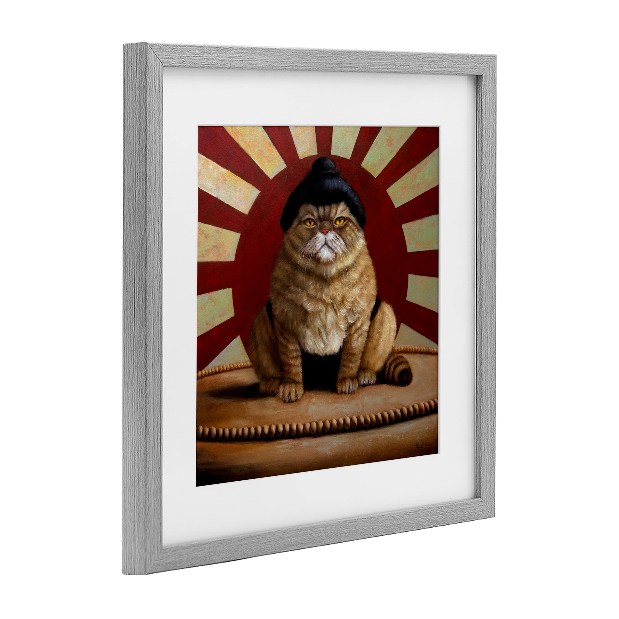 Stupell Industries Sumo Cat with Sun Rays Gray Framed Print Under Glass, design by Lucia Heffernan