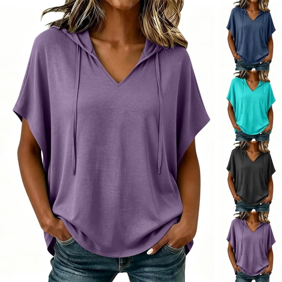 Hoodies Shirt for Women, V Neck Short Sleeve Loose Fit Sweatshirts Drawstring Pullover Summer Hooded Casual Tops, S-5XL