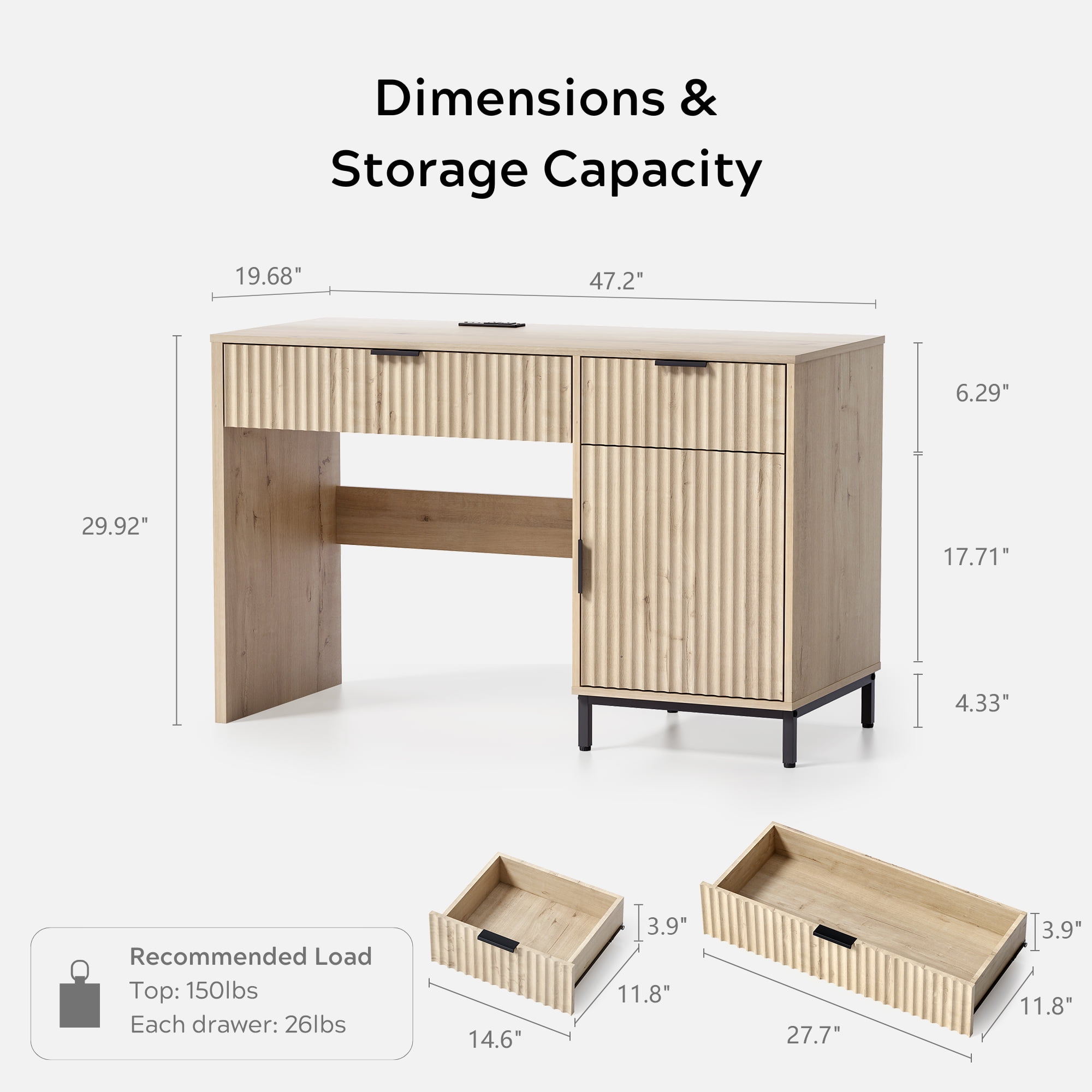 EYYTHUNG 47" Fluted Executive Desk, Modern Wood Home Office Desk with Charging Station, Drawer & Cabinet, Computer Writing Desk