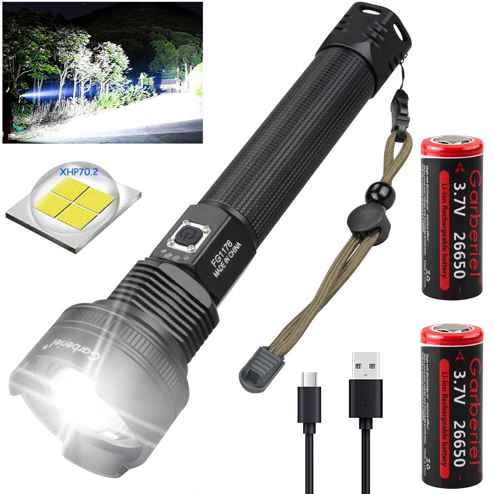 Tactical XHP70 LED USB Rechargeable 26650 Super Bright Zoomable Torch Flashlight 