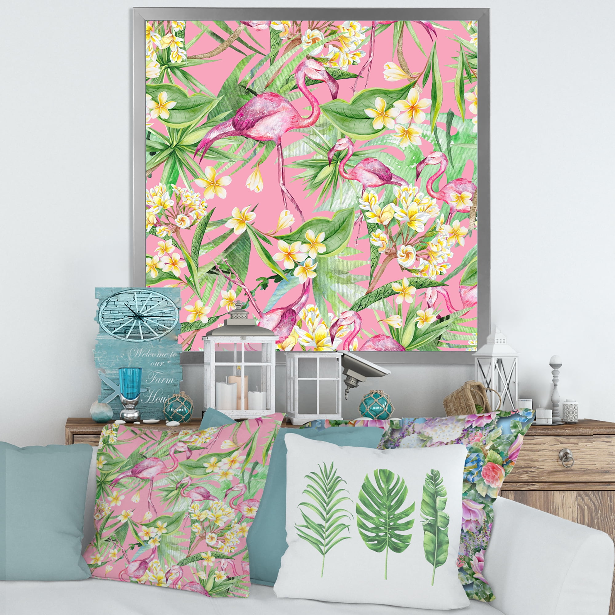 Designart 'Yellow Flowers, Tropical Foliage With Flamingo III' Modern Framed Art Print