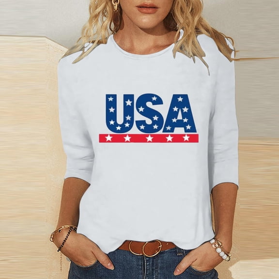 Women's Summer Tops Independence Day Printed Round-neck Three-quarter Sleeve T-shirt Tops 2026