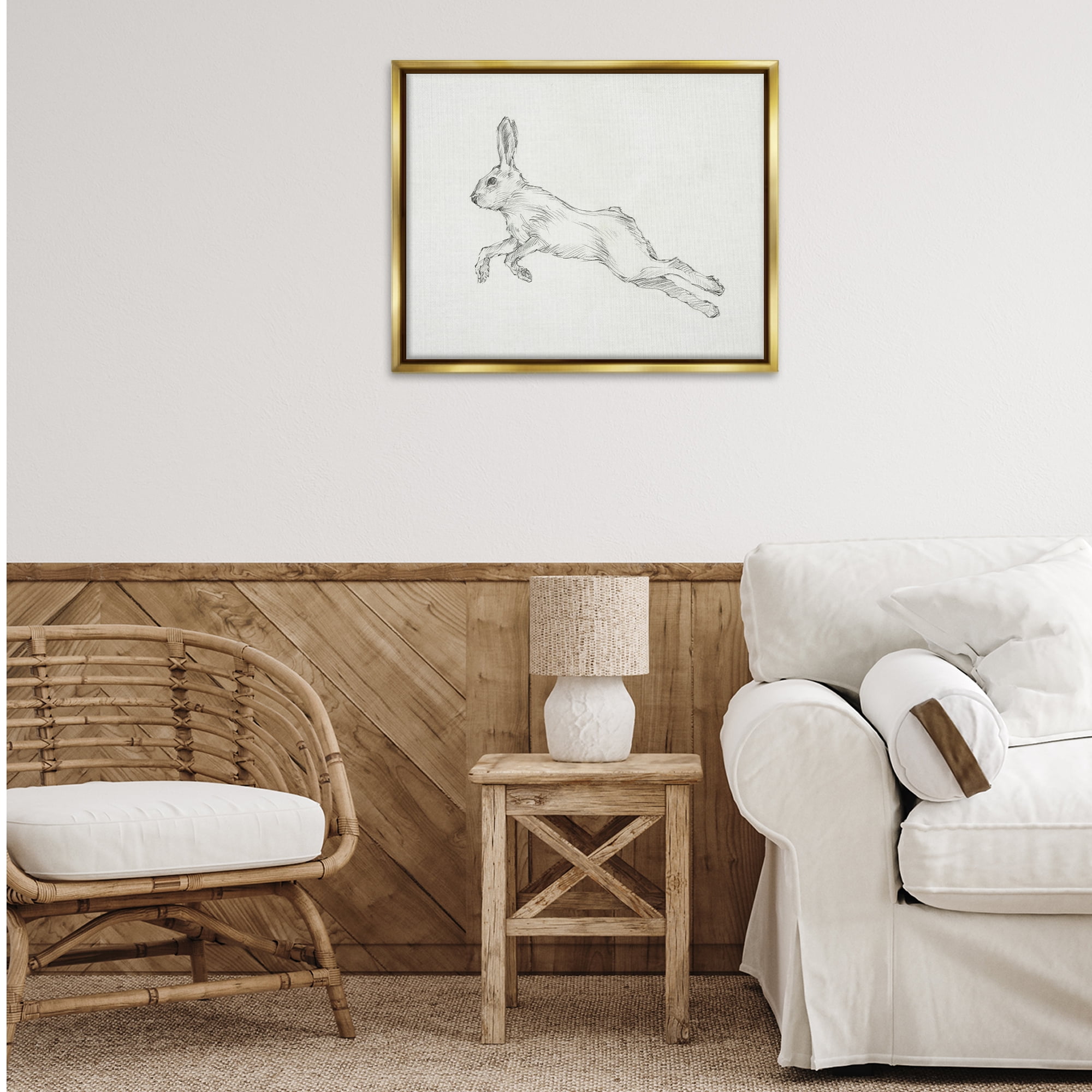 Stupell Industries Rabbit Hopping Sketch Animals & Insects Drawing Gold Floater Framed Canvas Art Print Wall Art, 31 x 25