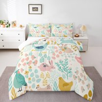 Homewish Kawaii Rabbit Bunnies Full Size Comforter Sets, Cartoon Farm Rooster Bedding Comforter Set, Rustic Plant Botanical Bedding Sets, Microfiber Bedroom Decor, 3-Piece