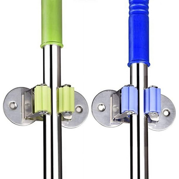 Zhuge Soporte de acero inoxidable para escobas y trapeadores, organizador de pared de doble propósito para escobas y trapeadores con 2 tornillos dobles y adhesivos 3M